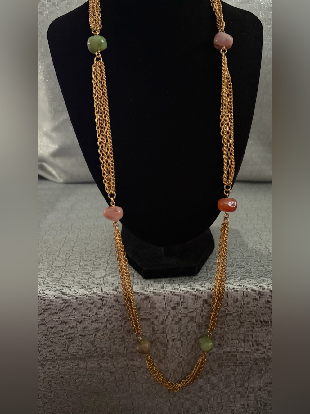 Gold-Tone Chain Long Necklace with Pink, Orange and Green Beads